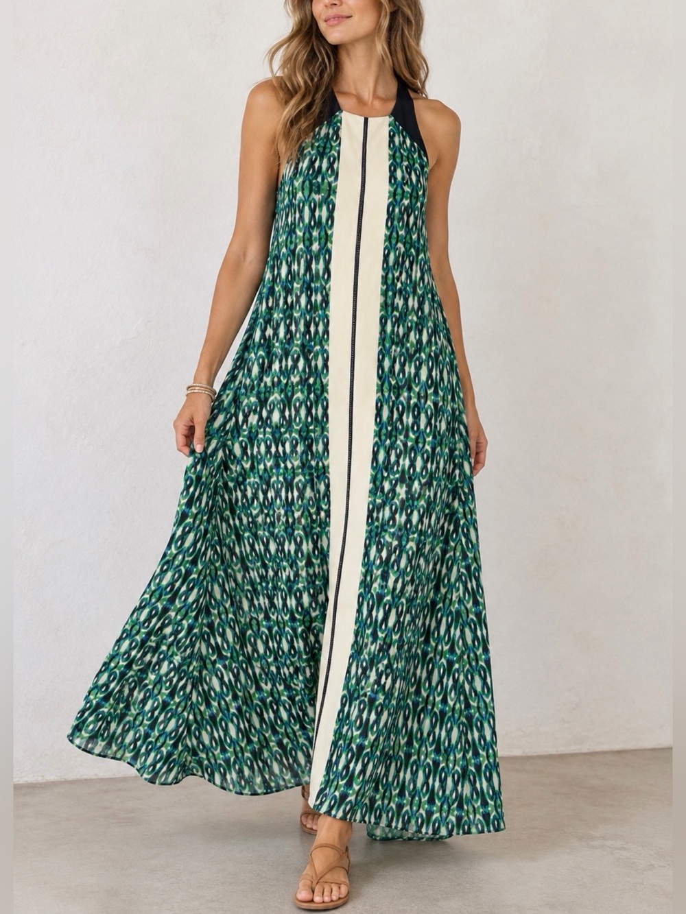 Adelyn Rae Geometric Print Halter Maxi Dress Open Back Green Blue Size Medium
